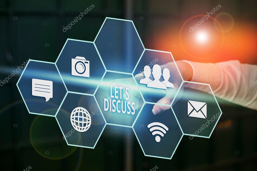 Escribir nota mostrando Let Discuss. Exposición de fotos de negocios