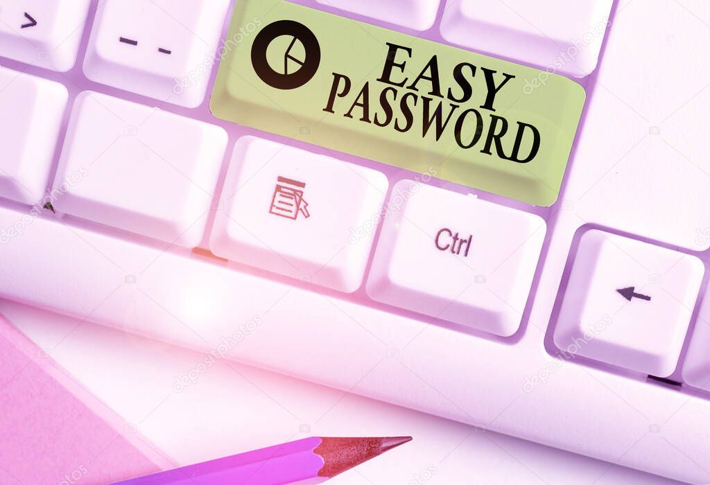 Text sign showing Easy Password. Conceptual photo Easy code that enables one to gain admission to program.