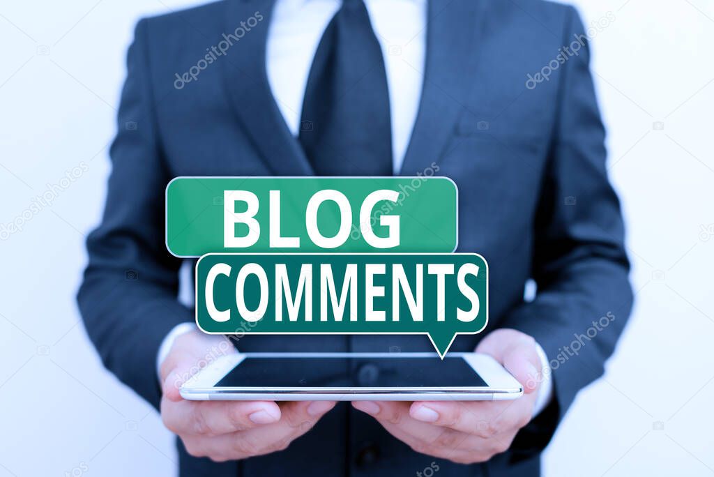 Conceptual hand writing showing Blog Comments. Business photo showcasing Space at the end of each post for a reader to leave a comment Male human wear formal work suit hold hitech smartphone.