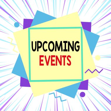 Kelime yazma etkinlikleri yaklaşıyor. Olacak şeyler için iş konsepti ya da yakında gerçekleşmesi planlanan durum için asimetrik biçimsiz şekil nesne ana hatları çok renkli tasarım.