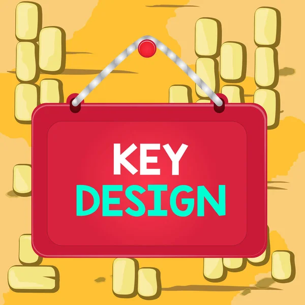 Szóírás szöveg Key Design. Üzleti koncepció szükséges vagy nagyon fontos megvalósítása egy koncepció vagy ötlet fórumon rögzített köröm keret csíkos színes háttér téglalap panel. — Stock Fotó