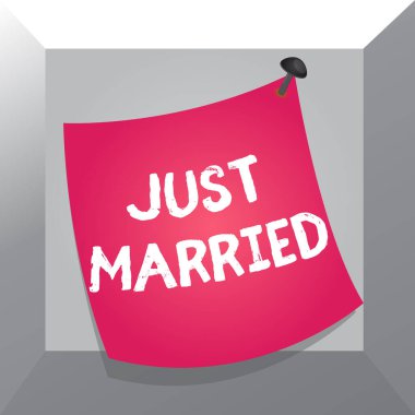 Yeni Evli 'yi gösteren kavramsal el yazısı. Yakın zamanda evlenmiş ya da evlilikten geçmiş birini gösteren iş fotoğrafı. Renkli yüzey iğnesi çerçeveli, eğri büğrü hatırlatıcı kağıt not..
