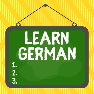 Kelime yazma metni Almanca öğren. Almanca konuşma ve yazmada bilgi ve beceri edinmek için iş konsepti asimetrik biçimsiz şekil nesne ana hatları çok renkli tasarım.