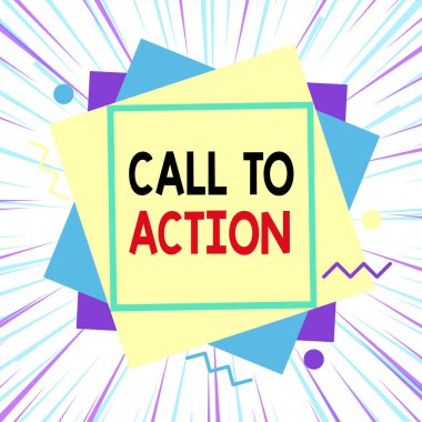 Sözcük yazma: Call To Action. Uyarı için iş konsepti sorunlu asimetrik biçimsiz şekil şekli nesne ana hatları çoklu renk tasarımı ile hedefe ulaşmak için bir şey yapmak.