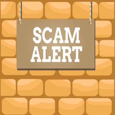 El yazısı yazıları Scam Alert. Kurbana tahtadan tahta tahta tahta dikdörtgen şekilli boş çerçeve, renkli çizgili sicimle onu ikna ederek sahte para elde etmek anlamına geliyor..