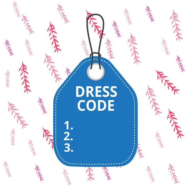 Handschrift tekst schrijven Dress Code. Concept betekent een geaccepteerde manier van kleden voor een bepaalde gelegenheid of groep Lege tag lege ruimte kleurrijke achtergrond label rechthoek bevestigd string. — Stockfoto