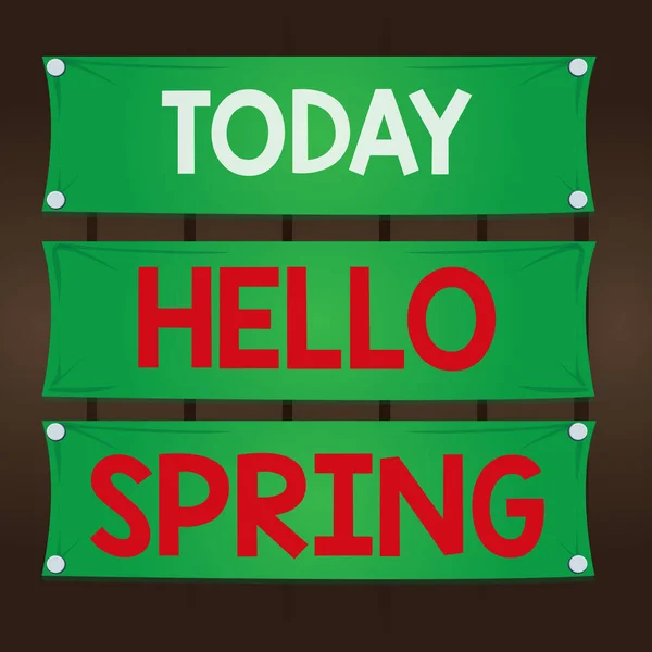 Writing note showing Hello Spring. Business photo showcasing welcoming the season of the blossoming of flowers End of winter Wooden panel attached nail on colorful background plank wood. — Stock Photo, Image