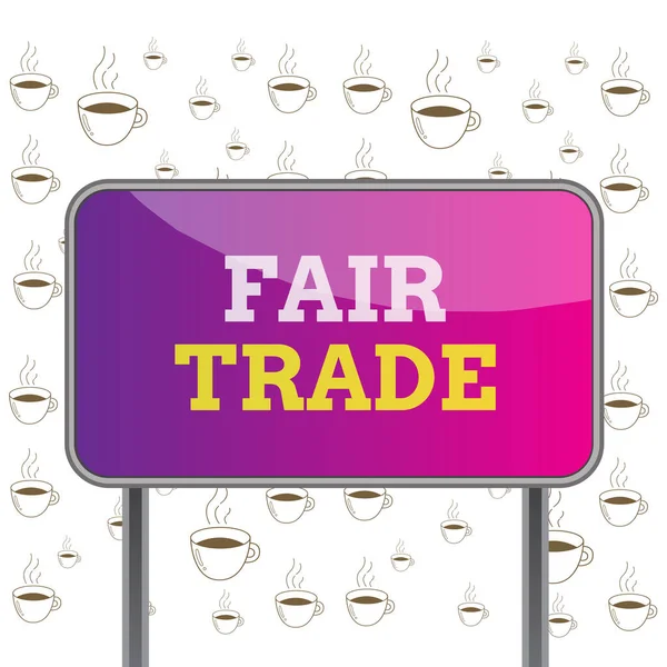 Writing note showing Fair Trade. Business photo showcasing buying goods directly from producers in developing countries Metallic pole empty panel plank colorful backgound attached.