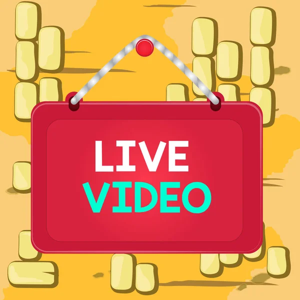 Word writing text Live Video. Business concept for broadcast a live video or streamingfeed to an online audience Board fixed nail frame string striped colored background rectangle panel.