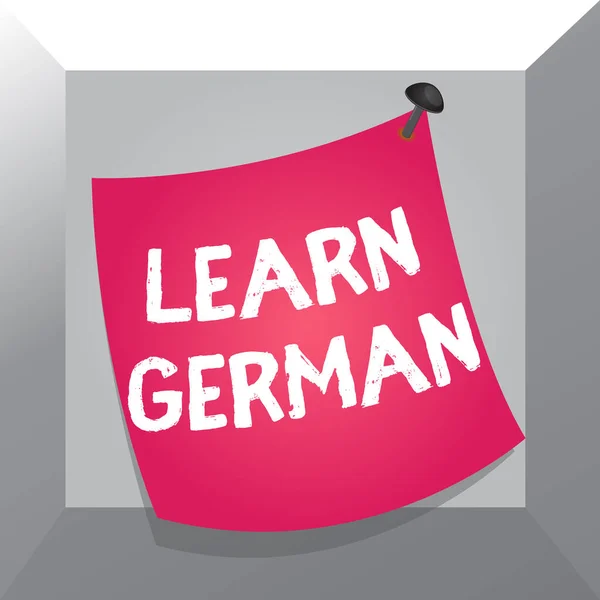 Conceptual hand writing showing Learn German. Business photo showcasing get knowledge or skill in speaking and writing German language Curved reminder paper memo nailed colorful surface pin frame.