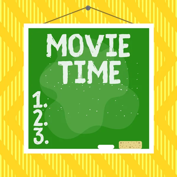 Word writing text Movie Time. Business concept for the scheduled or actual time at which a show or film begins Asymmetrical uneven shaped format pattern object outline multicolour design.