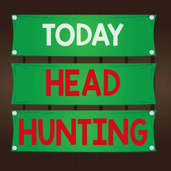 Writing note showing Head Hunting. Business photo showcasing process of recruitment of a prospective or potential employee Wooden panel attached nail on colorful background plank wood.