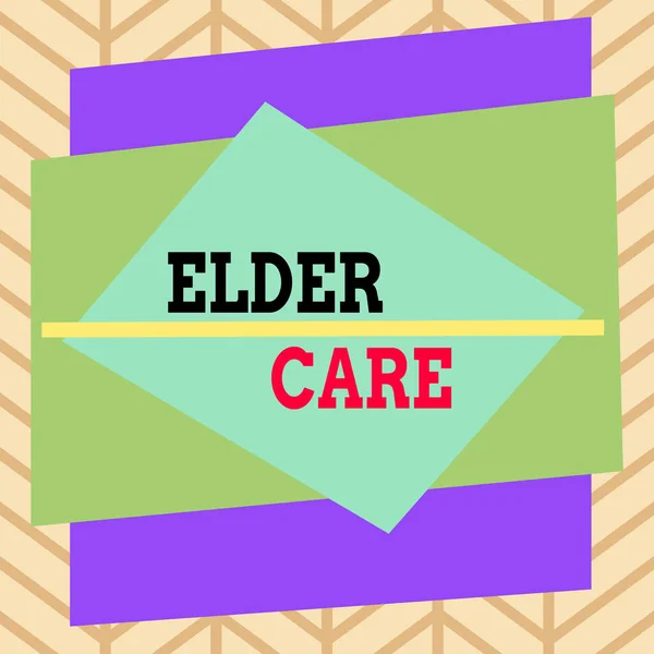 Elyazısı Elder Care. Kavrama, tıbbi sorunlarda yardıma ihtiyacı olan yaşlı göstericinin bakımı anlamına gelir. Asimetrik düzensiz biçim şekli nesne ana hatları çok renkli tasarım. — Stok fotoğraf
