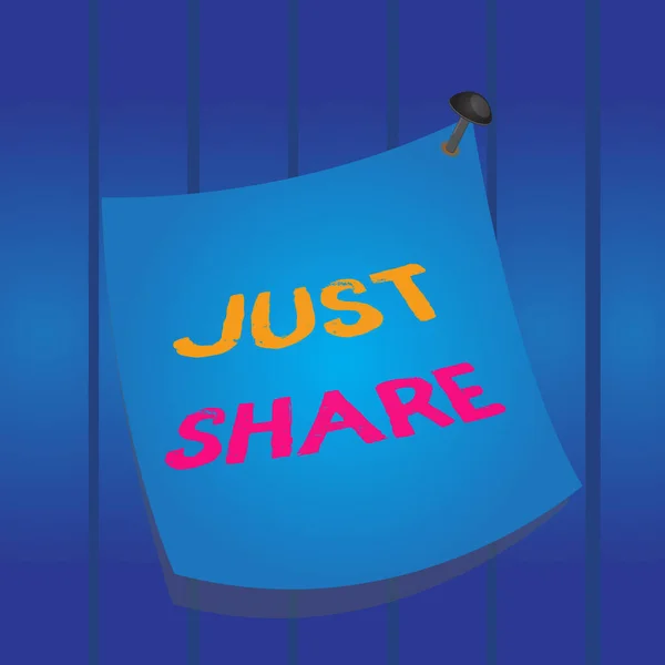 Piszę notatkę z Just Share. Biznes zdjęcia pokazujące mieć lub używać coś w tym samym czasie, co ktoś inny Zakrzywione przypomnienie notatki papieru przybity kolorowe ramki pin powierzchni. — Zdjęcie stockowe