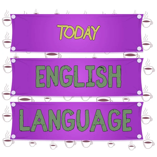 Writing note showing English Language. Business photo showcasing third spoken native lang in world after Chinese and Spanish Wooden panel attached nail on colorful background plank wood. — Stock Photo, Image