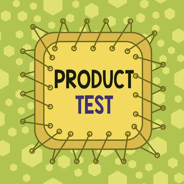 Writing note showing Product Test. Business photo showcasing process of measuring the properties or performance of products Asymmetrical uneven shaped pattern object multicolour design.