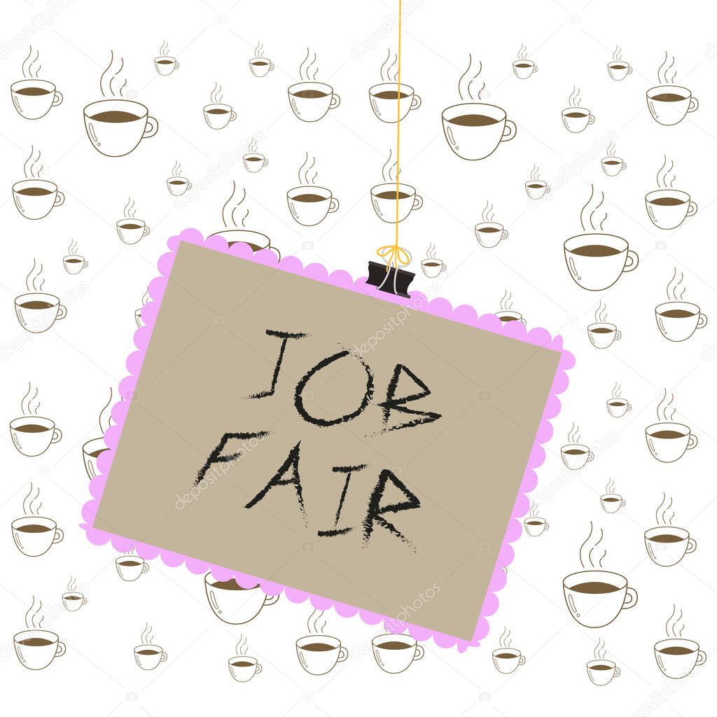 Writing note showing Job Fair. Business photo showcasing event in which employers recruiters give information to employees Stamp stuck binder clip square color frame rounded tip.