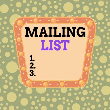 E- posta Listesini gösteren metin işareti. Kimin periyodik posta dağılımına abone olduğunu gösteren kavramsal fotoğraf listesi Asimmetrik düzensiz biçim şekli nesne ana hatları çok renkli tasarım.
