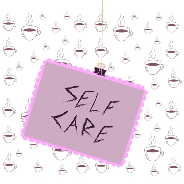 Writing note showing Self Care. Business photo showcasing practice of taking action to preserve or improve ones own health Stamp stuck binder clip square color frame rounded tip.