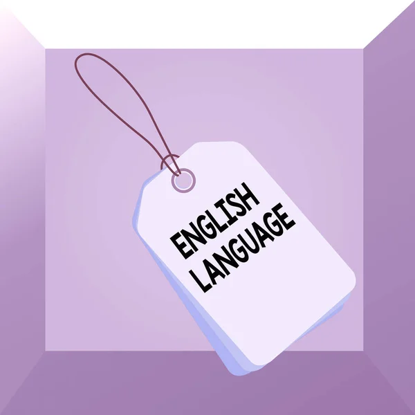 Conceptual hand writing showing English Language. Business photo showcasing third spoken native lang in world after Chinese and Spanish Rectangle badge attached string colorful background with tag. — Stock Photo, Image