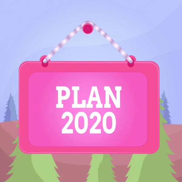 Word writing text Plan 2020. Konsep bisnis untuk proposal rinci untuk melakukan atau mencapai sesuatu tahun depan Board fixed nail frame string striped colored background rectangle panel . — Stok Foto