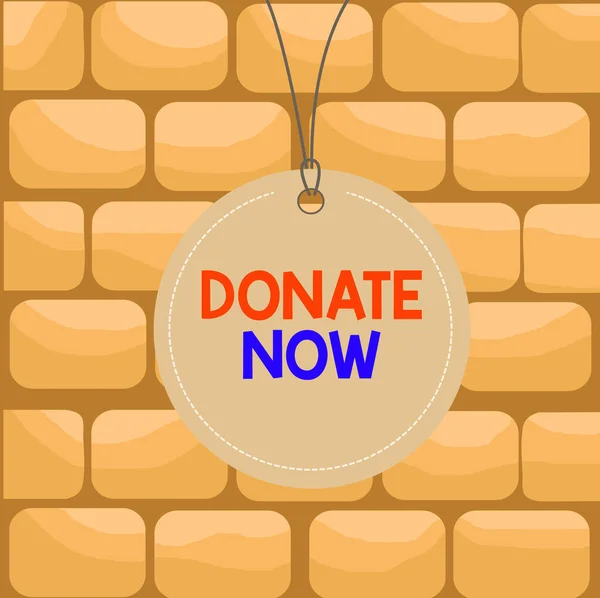 Tulisan tangan menulis Donate Now. Konsep makna untuk memberikan sesuatu seperti uang atau barang untuk amal atau penyebab apapun Badge lingkaran label string bulat tag kosong berwarna-warni bentuk kecil . — Stok Foto