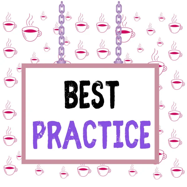 Writing note showing Best Practice. Business photo showcasing commercial procedures that are accepted prescribed being correct Whiteboard rectangle frame attached surface chain panel. — Stock Photo, Image