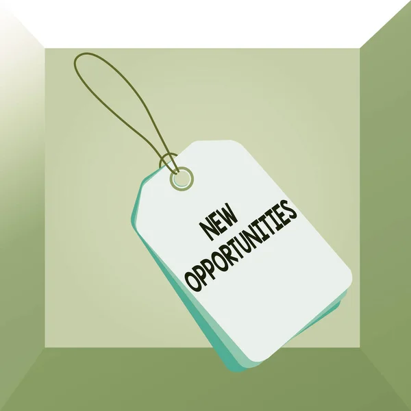 Conceptual hand writing showing New Opportunities. Business photo showcasing exchange views condition favorable for attainment goal Rectangle badge attached string colorful background with tag.