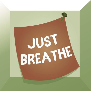 Kavramsal el yazısı sadece nefes aldığını gösteriyor. İş fotoğrafı sergisi Zorlukların üstesinden gelmek için stresli bir günde mola alın Kavisli hatırlatıcı kağıt not renkli yüzey iğnesi çerçevesi çivilenmiş.