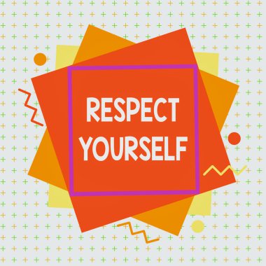 El yazısı, kendine saygı göster. Kavram, size iyi davranılmasına ve iyi davranılmasına inanmaktır. Asimetrik biçimsiz şekil şekli nesne çok renkli tasarım..
