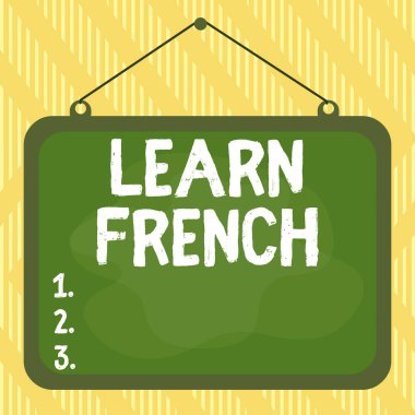 Kelime yazma metni Fransızca öğren. Fransızca konuşma ve yazma konusunda bilgi ve beceri edinmek için iş konsepti asimetrik biçimsiz şekil nesne ana hatları çok renkli tasarım.