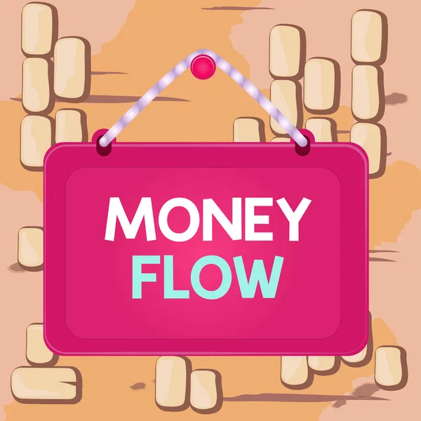 Szövegírás Money Flow. Üzleti koncepció a pénz összegének növelésére vagy csökkentésére egy üzleti fórumon rögzített köröm keret csíkos színes háttér téglalap panel. — Stock Fotó