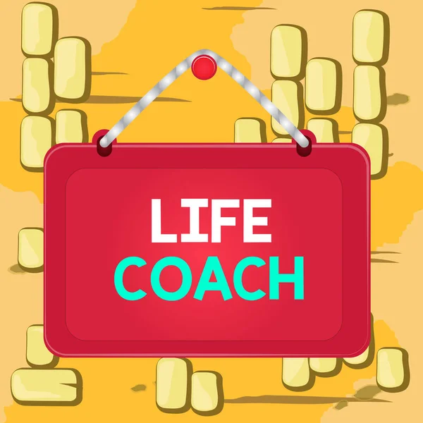 Tekst: Life Coach. Forretningskonsept for noen som bidrar til å identifisere dine mål og planlegge å oppnå dem Brettet fast spikerramme stripet farget bakgrunn rektangelpanel . – stockfoto