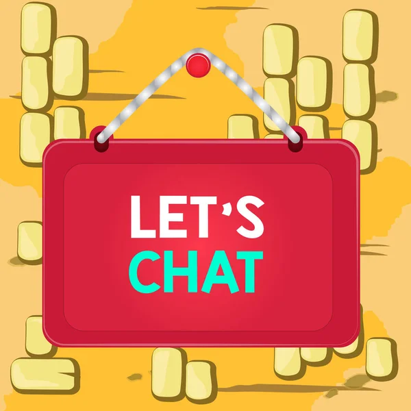 Текст "Lets is Chat". Бізнес концепція запрошення демонстрації мати неформальну розмову з вами борт фіксованої рамки нігтя струни смугастий кольоровий фон прямокутник панель. — стокове фото