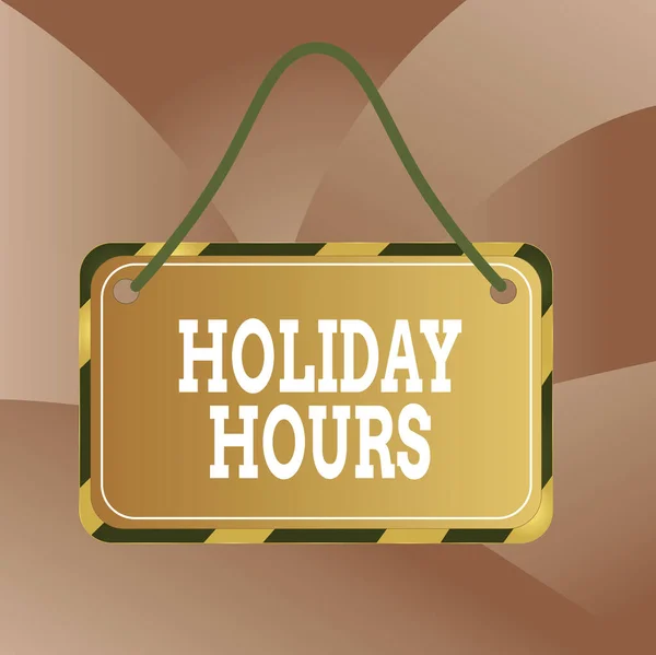 Handwriting text Holiday Hours. Concept meaning Overtime work on for employees under flexible work schedules Board attached string color black yellow frame empty blank rectangle shape. — Stock Photo, Image