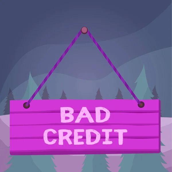 Word writing text Bad Credit. Business concept for inability of a demonstrating or company to repay a debt on time Wood plank nail pin string board colorful background wooden panel fixed.
