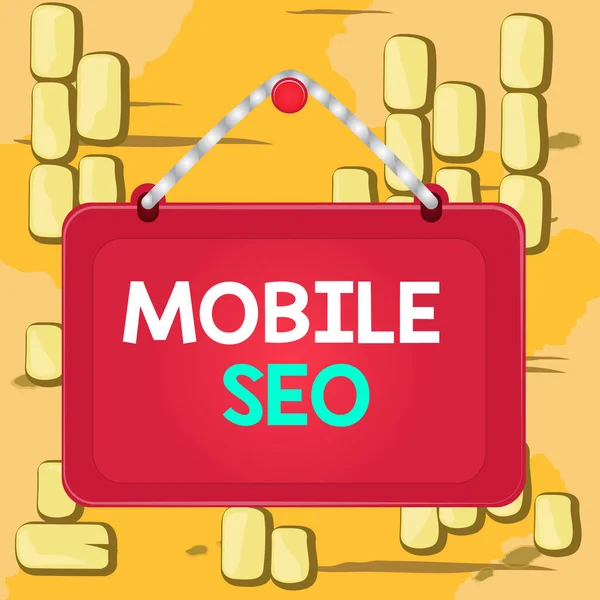 Wortschreibtext Mobile Seo. Geschäftskonzept für den Prozess der Optimierung einer Website für mobile Suchen Board festen Nagelrahmen String gestreiften farbigen Hintergrund Rechteck Panel Rang. — Stockfoto