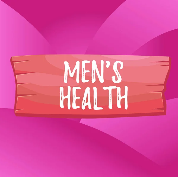 Handwriting text Mens Health. Concept meaning state of complete physical mental and social well being by man Plank wooden board blank rectangle shaped wood attached color background.
