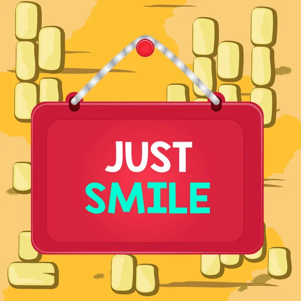 Word writing text Just Smile. Business concept for assume a facial expression indicating pleasure or amusement Board fixed nail frame string striped colored background rectangle panel. — Stock Photo, Image