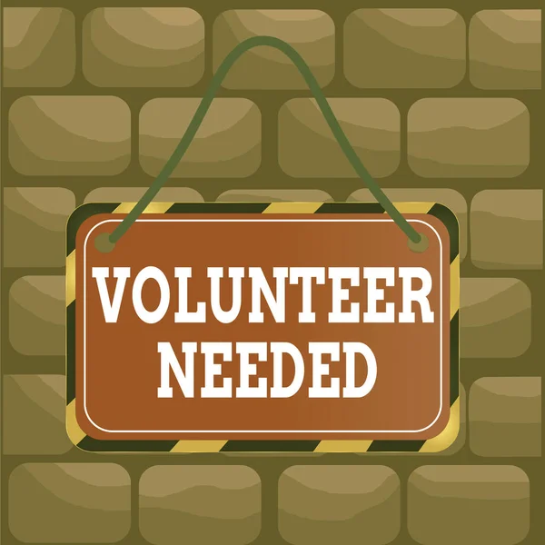 Handwriting text Volunteer Needed. Concept meaning asking demonstrating to work for organization without being paid Board attached string color black yellow frame empty blank rectangle shape.