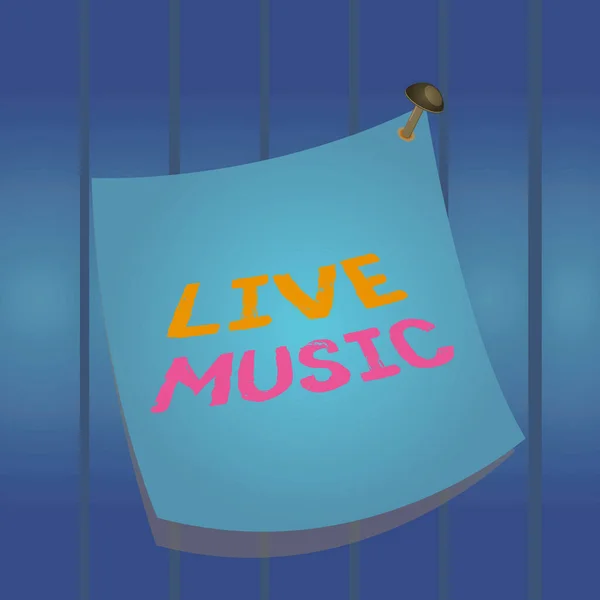 Writing note showing Live Music. Business photo showcasing performance given by one or more singers or instrumentalists Curved reminder paper memo nailed colorful surface pin frame.