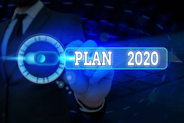 Sinal de texto mostrando Plano 2020. Foto conceitual proposta detalhada para fazer ou alcançar algo no próximo ano . — Fotografia de Stock