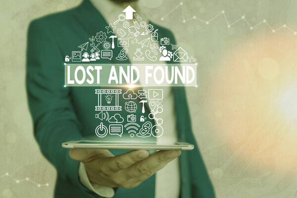 Text sign showing Lost And Found. Conceptual photo a place where lost items are stored until they reclaimed.