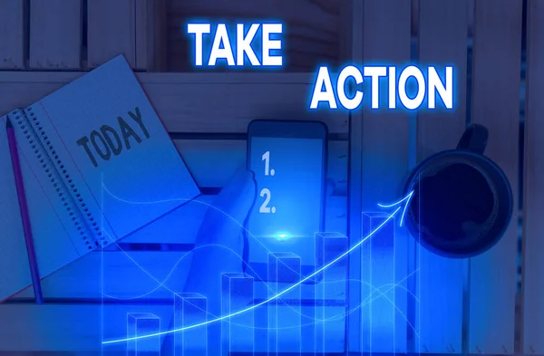 Writing note showing Take Action. Business photo showcasing do something official or concerted to achieve aim with problem.