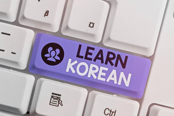Writing note showing Learn Korean. Business photo showcasing get knowledge or skill in speaking and writing Korean language.