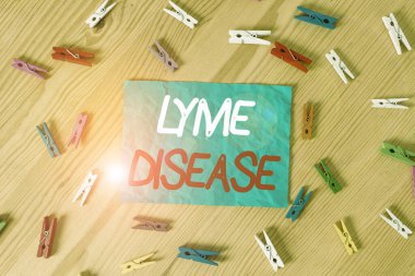 Lyme hastalığını gösteren bir mesaj. Kavramsal fotoğraf kene ısırıklarının yol açtığı kışkırtıcı ve bulaşıcı bir hastalık Renkli çamaşır iğnesi kağıtları boş ahşap zemin ofis.