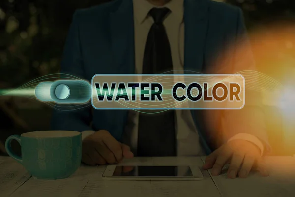 Segno di testo che mostra l'acquerello. Concettuale foto legante solubile in acqua come gomma arabica e diluito con acqua . — Foto Stock