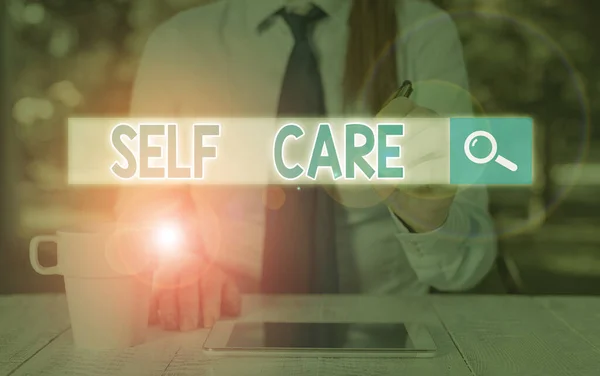 Writing note showing Self Care. Business photo showcasing practice of taking action to preserve or improve ones own health. — Stock Photo, Image