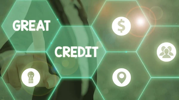 Text sign showing Great Credit. Conceptual photo borrower has high credit score and is a safe credit risk. — Stock Photo, Image