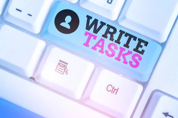 Conceptual hand writing showing Write Tasks. Business photo text assigned piece of work often to be finished within certain time. — Stockfoto